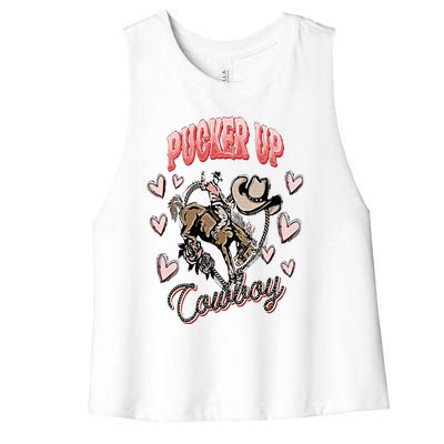 Pucker Up Cowboy Retro Groovy Howdy Valentines Cowboy Hat Women's Racerback Cropped Tank