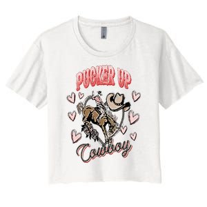 Pucker Up Cowboy Retro Groovy Howdy Valentines Cowboy Hat Women's Crop Top Tee