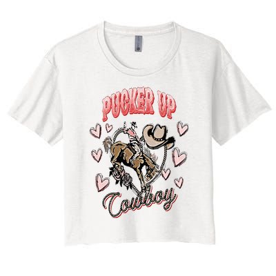 Pucker Up Cowboy Retro Groovy Howdy Valentines Cowboy Hat Women's Crop Top Tee