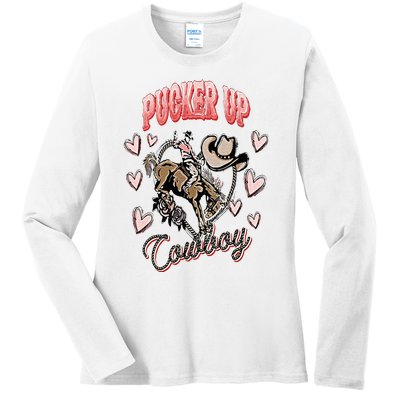 Pucker Up Cowboy Retro Groovy Howdy Valentines Cowboy Hat Ladies Long Sleeve Shirt