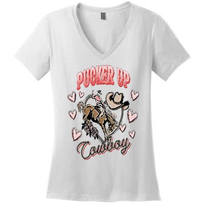 Pucker Up Cowboy Retro Groovy Howdy Valentines Cowboy Hat Women's V-Neck T-Shirt