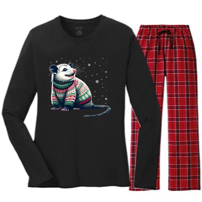 Possum Ugly Christmas Sweater Opposum Lover Rodent Owner Women's Long Sleeve Flannel Pajama Set 