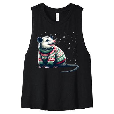 Possum Ugly Christmas Sweater Opposum Lover Rodent Owner Women's Racerback Cropped Tank