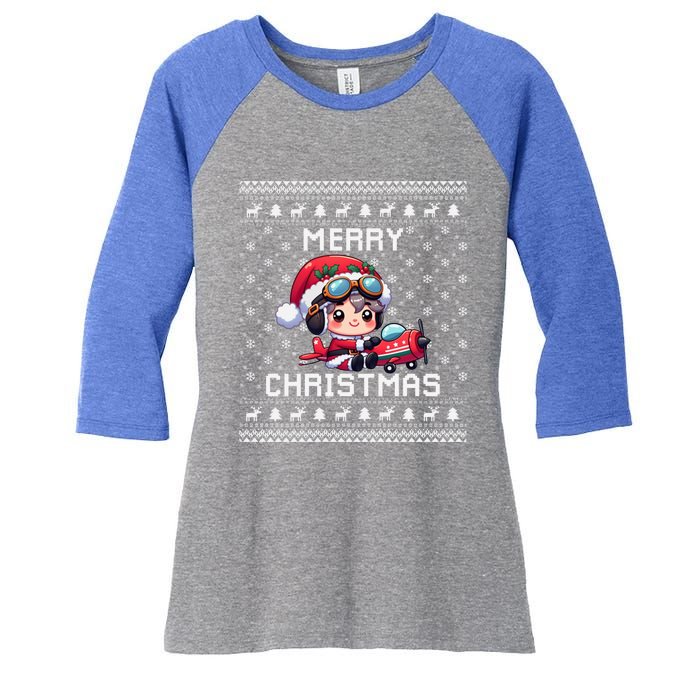 Pilot Ugly Christmas Outfit Idea Viation Lovers Cute Gift Women's Tri-Blend 3/4-Sleeve Raglan Shirt