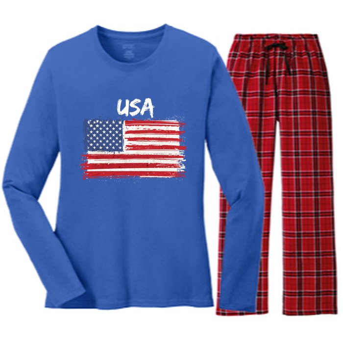 Patriotic Usa Design With American Flag Of The United States Funny Gift Women's Long Sleeve Flannel Pajama Set 