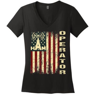 Patriotic USA Flag Ham Radio Amateur Radio Operator Women's V-Neck T-Shirt