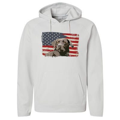 Patriotic USA Flag Black Labrador Gift For Lab Owners Performance Fleece Hoodie