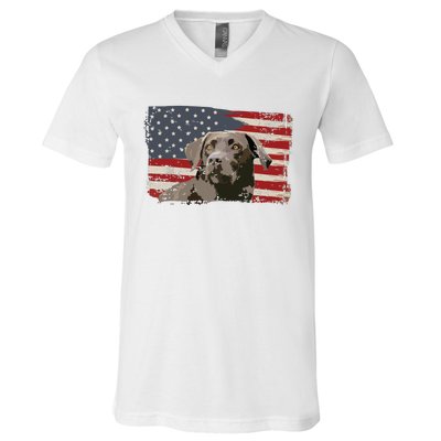 Patriotic USA Flag Black Labrador Gift For Lab Owners V-Neck T-Shirt