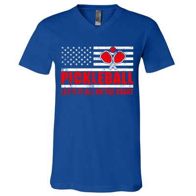 Pickleball USA Flag Leave It All On The Court Pickle Ball V-Neck T-Shirt