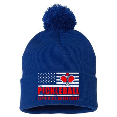 Pickleball USA Flag Leave It All On The Court Pickle Ball Pom Pom 12in Knit Beanie