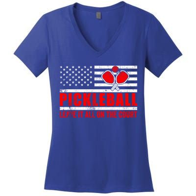 Pickleball USA Flag Leave It All On The Court Pickle Ball Women's V-Neck T-Shirt