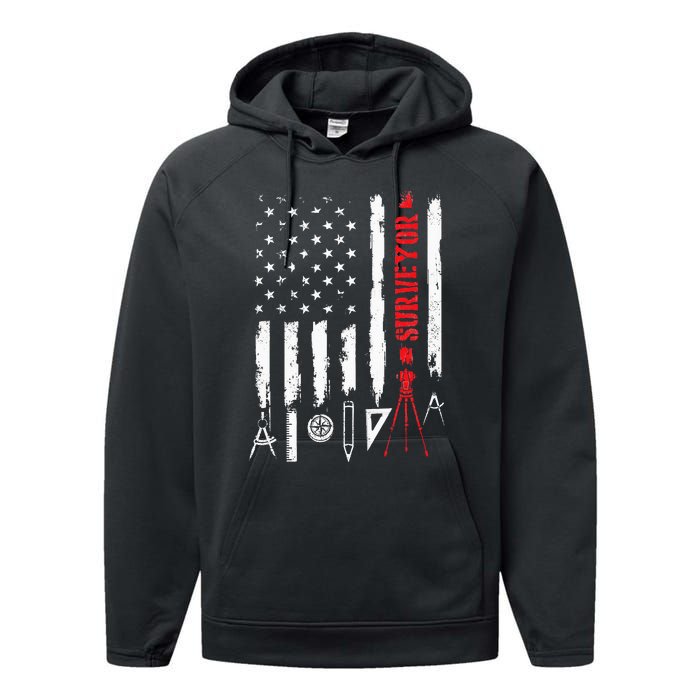 Patriotic USA Flag Land Surveyor Land Examiner Cartographer Performance Fleece Hoodie