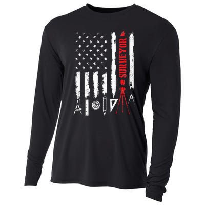 Patriotic USA Flag Land Surveyor Land Examiner Cartographer Cooling Performance Long Sleeve Crew