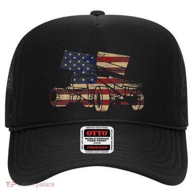 Patriotic Usa Flag Sprint Car Dirt Track Racing Lover High Crown Mesh Back Trucker Hat