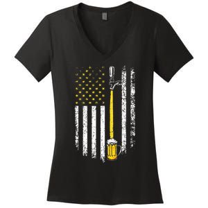 Patriotic US Flag American Brewery Craft Beer Funny Women's V-Neck T-Shirt