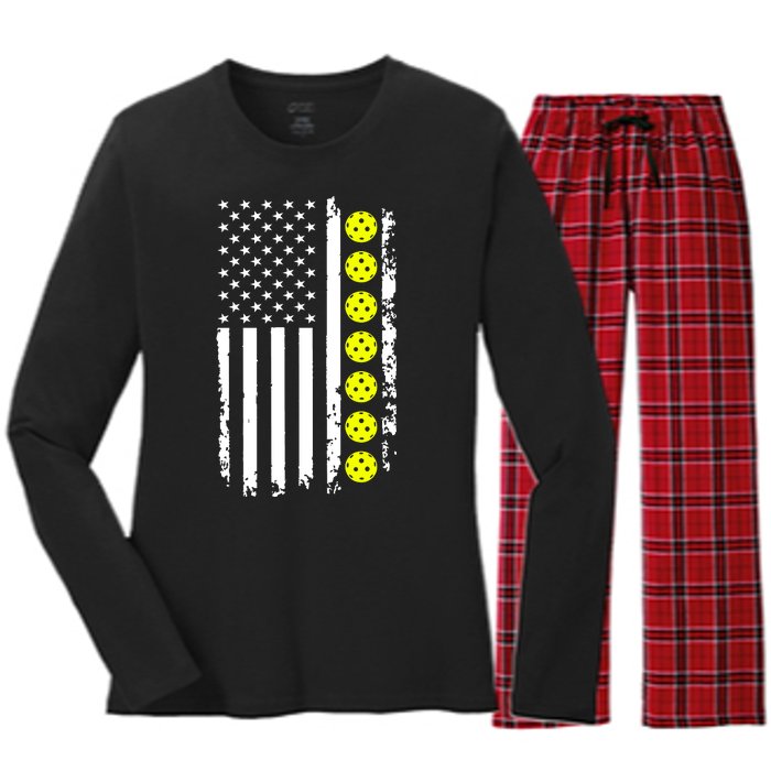 Pickleball USA Flag American Sport Women's Long Sleeve Flannel Pajama Set 