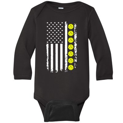 Pickleball USA Flag American Sport Baby Long Sleeve Bodysuit