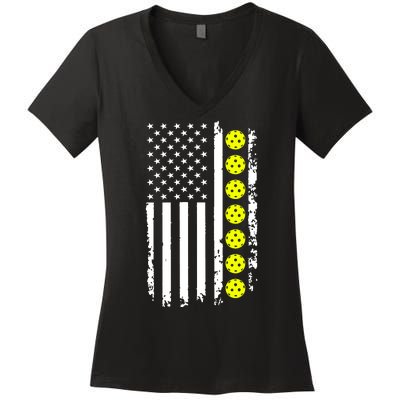 Pickleball USA Flag American Sport Women's V-Neck T-Shirt