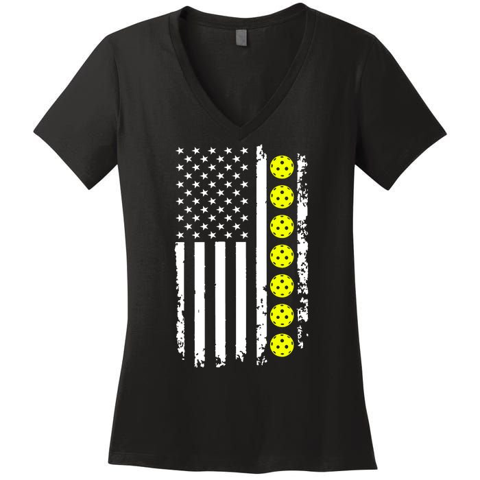 Pickleball USA Flag American Sport Women's V-Neck T-Shirt