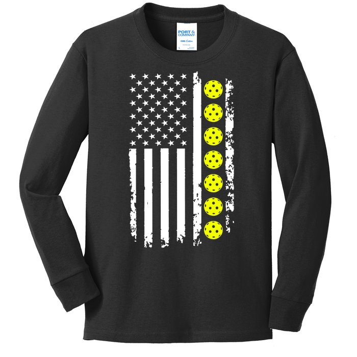 Pickleball USA Flag American Sport Kids Long Sleeve Shirt