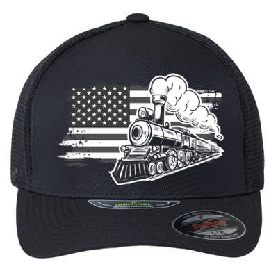 Patriotic Us Flag Train Model Trains Trainspotting Gift Flexfit Unipanel Trucker Cap