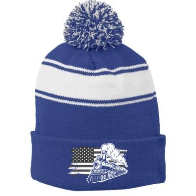 Patriotic Us Flag Train Model Trains Trainspotting Gift Stripe Pom Pom Beanie