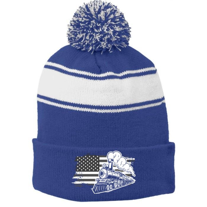 Patriotic Us Flag Train Model Trains Trainspotting Gift Stripe Pom Pom Beanie