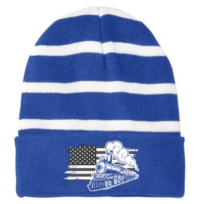 Patriotic Us Flag Train Model Trains Trainspotting Gift Striped Beanie with Solid Band