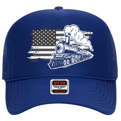 Patriotic Us Flag Train Model Trains Trainspotting Gift High Crown Mesh Back Trucker Hat