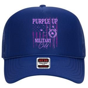 Purple Up For Military Child Month Dandelion Sparkle Flag High Crown Mesh Back Trucker Hat