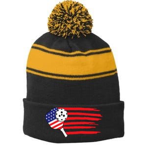 Pickleball US Flag American Patriotic Pickleball 4th of july Stripe Pom Pom Beanie