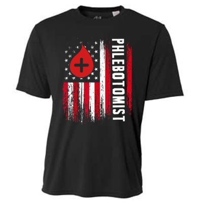 Phlebotomist US Flag Syringe Blood Veins Phlebotomy Tech Cooling Performance Crew T-Shirt