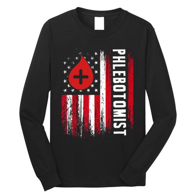 Phlebotomist US Flag Syringe Blood Veins Phlebotomy Tech Long Sleeve Shirt