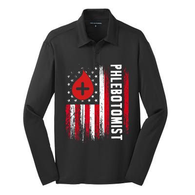 Phlebotomist US Flag Syringe Blood Veins Phlebotomy Tech Silk Touch Performance Long Sleeve Polo