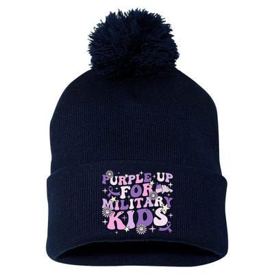 Purple Up For Military Child Cute Groovy Military Child Month Pom Pom 12in Knit Beanie