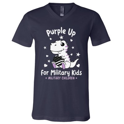 Purple Up For Military Ki.Ds Month Military Child Dinosaur V-Neck T-Shirt