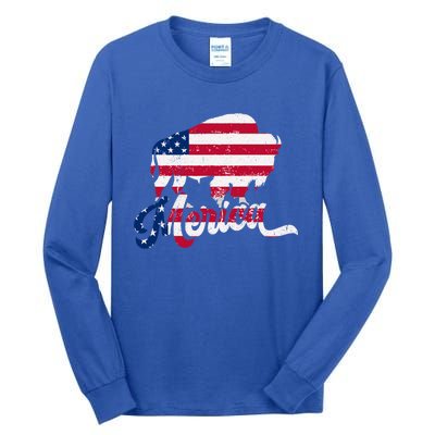 Patriotic Usa Flag Vintage National Park Bison And Buffalo Great Gift Tall Long Sleeve T-Shirt