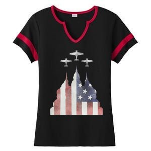 Patriotic Usa Flag Fighter Jets 4th Of July Ladies Halftime Notch Neck Tee