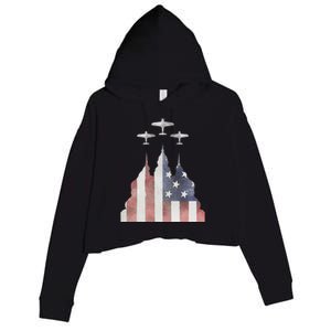 Patriotic Usa Flag Fighter Jets 4th Of July Crop Fleece Hoodie