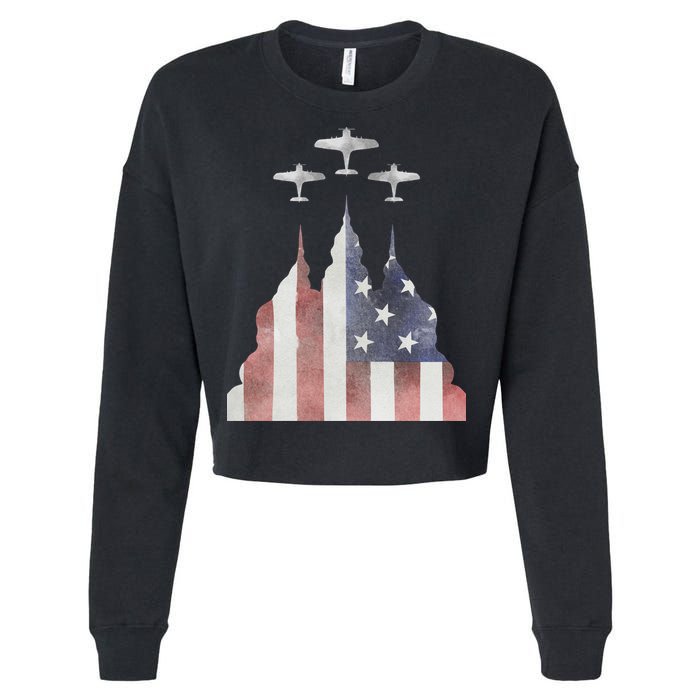 Patriotic Usa Flag Fighter Jets 4th Of July Cropped Pullover Crew