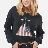 Patriotic Usa Flag Fighter Jets 4th Of July Cropped Pullover Crew