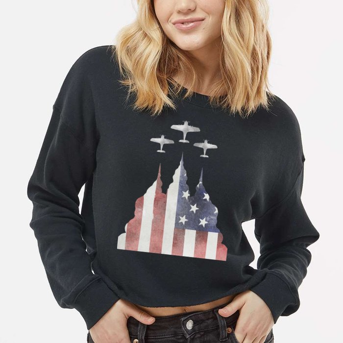 Patriotic Usa Flag Fighter Jets 4th Of July Cropped Pullover Crew