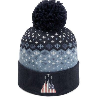 Patriotic Usa Flag Fighter Jets 4th Of July The Baniff Cuffed Pom Beanie