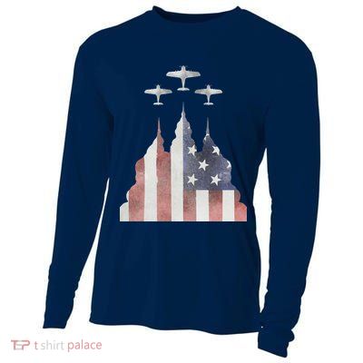 Patriotic Usa Flag Fighter Jets 4th Of July Cooling Performance Long Sleeve Crew