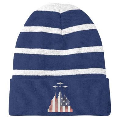 Patriotic Usa Flag Fighter Jets 4th Of July Striped Beanie with Solid Band