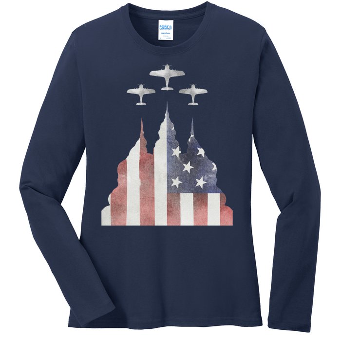 Patriotic Usa Flag Fighter Jets 4th Of July Ladies Long Sleeve Shirt