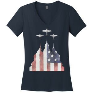 Patriotic Usa Flag Fighter Jets 4th Of July Women's V-Neck T-Shirt