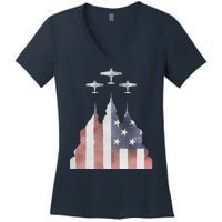 Patriotic Usa Flag Fighter Jets 4th Of July Women's V-Neck T-Shirt