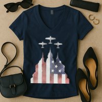 Patriotic Usa Flag Fighter Jets 4th Of July Women's V-Neck T-Shirt