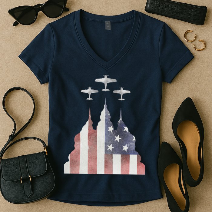 Patriotic Usa Flag Fighter Jets 4th Of July Women's V-Neck T-Shirt